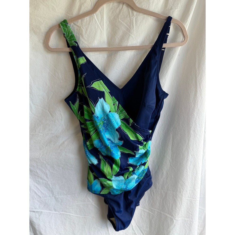 Roxanne Blue Green Floral Wrap Front One Piece Swimsuit Bra Sized 16/40D